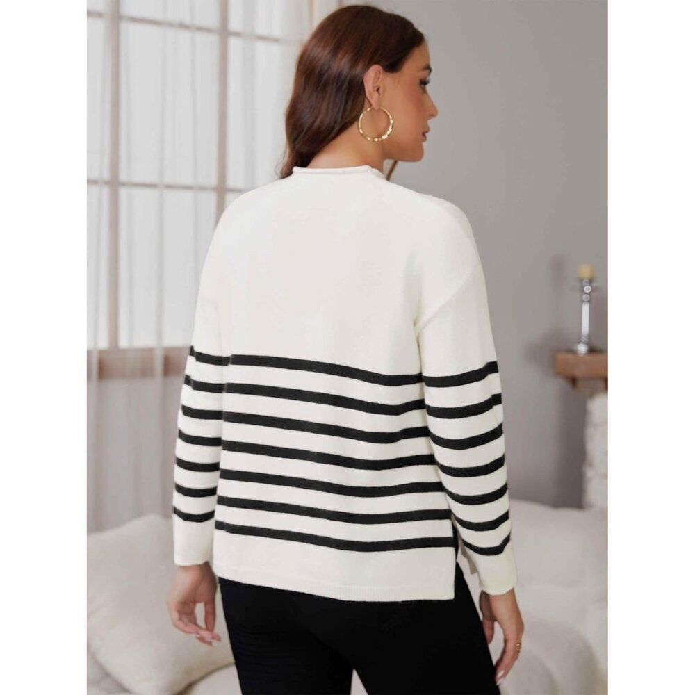 Womens Maternity Sweater Winter Top Striped Long Sleeve Relaxed Fit - Picture 4 of 7